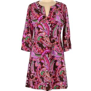 JUDE CONNALLY Colorful Paisley Dress V neck 3/4 sleeve Office Evening Pink Sz M
